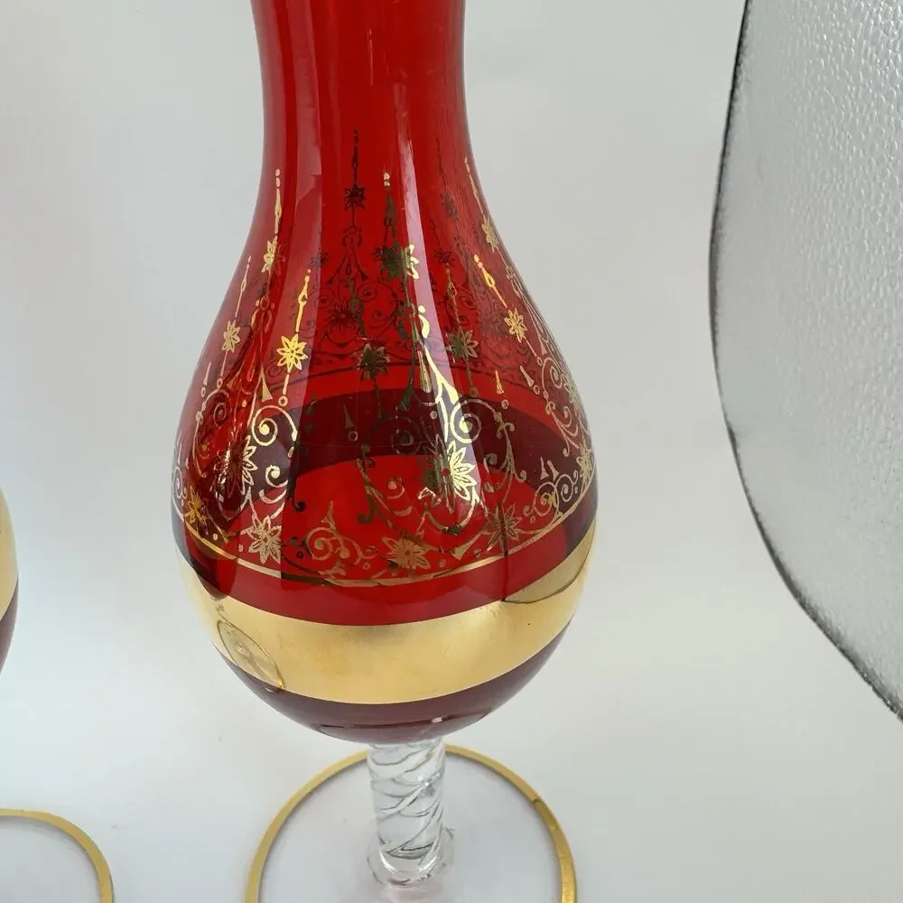 Vintage Vecchia Murano Italian Ruby‎ Red Bud Vase 24K Gold Leaf Overlay